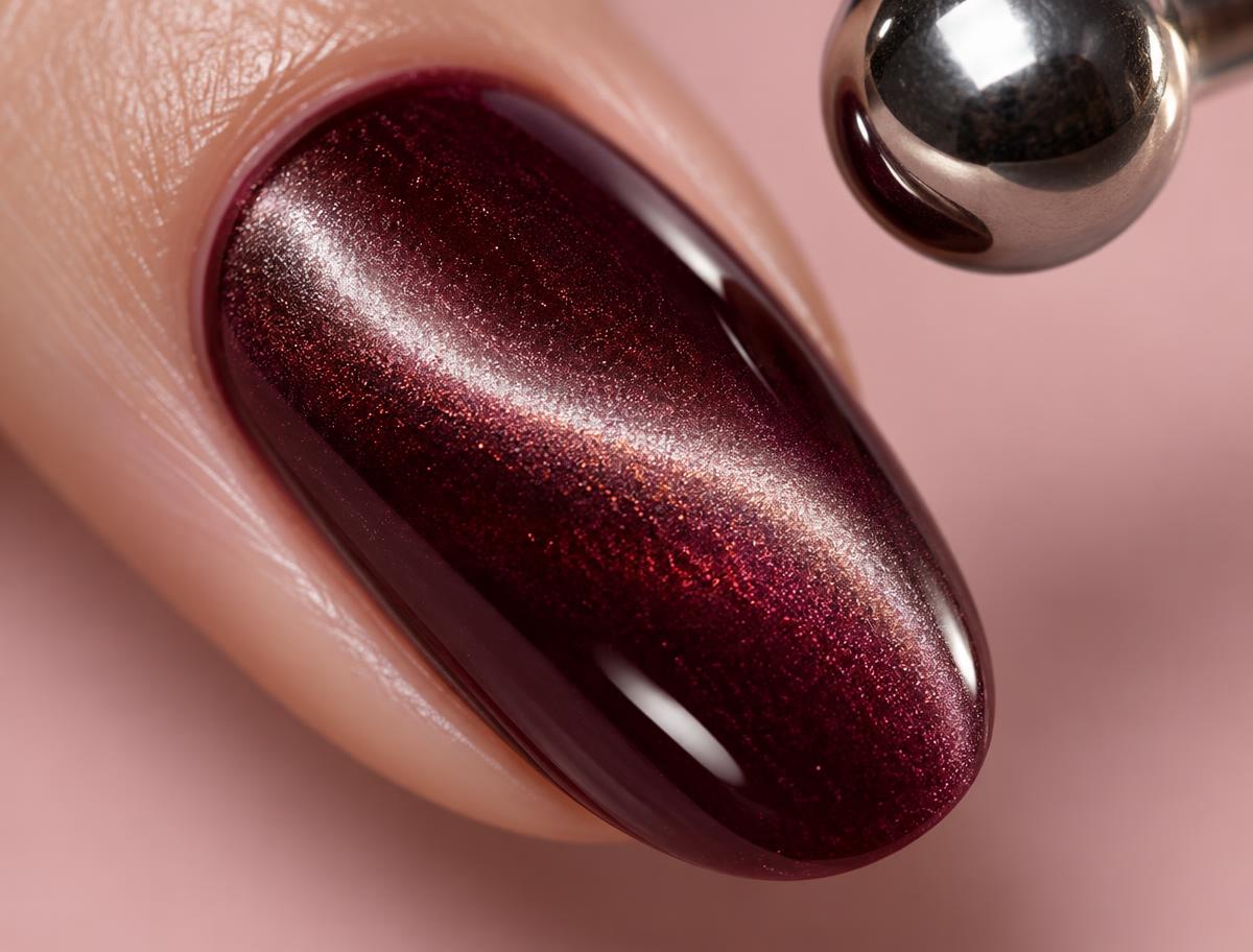 Macro shot of a burgundy cat-eye gel nail with a single band of silver shimmer, a magnet sphere hovering above it