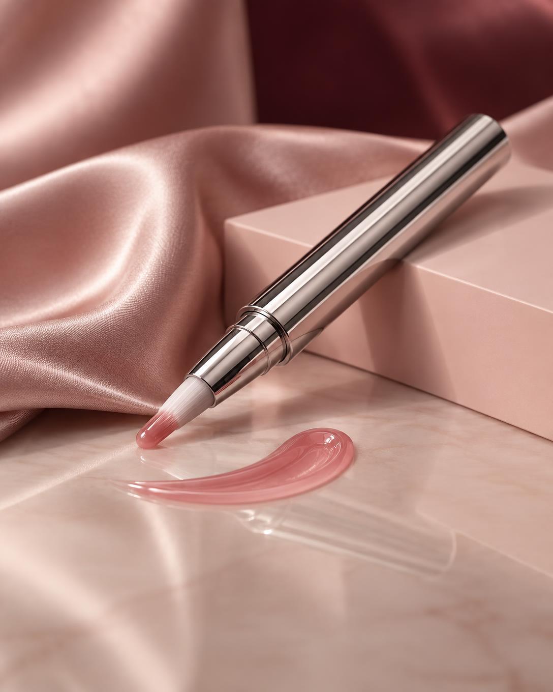 Chrome pen-style nail gel applicator resting on blush silk beside a glossy pink gel streak
